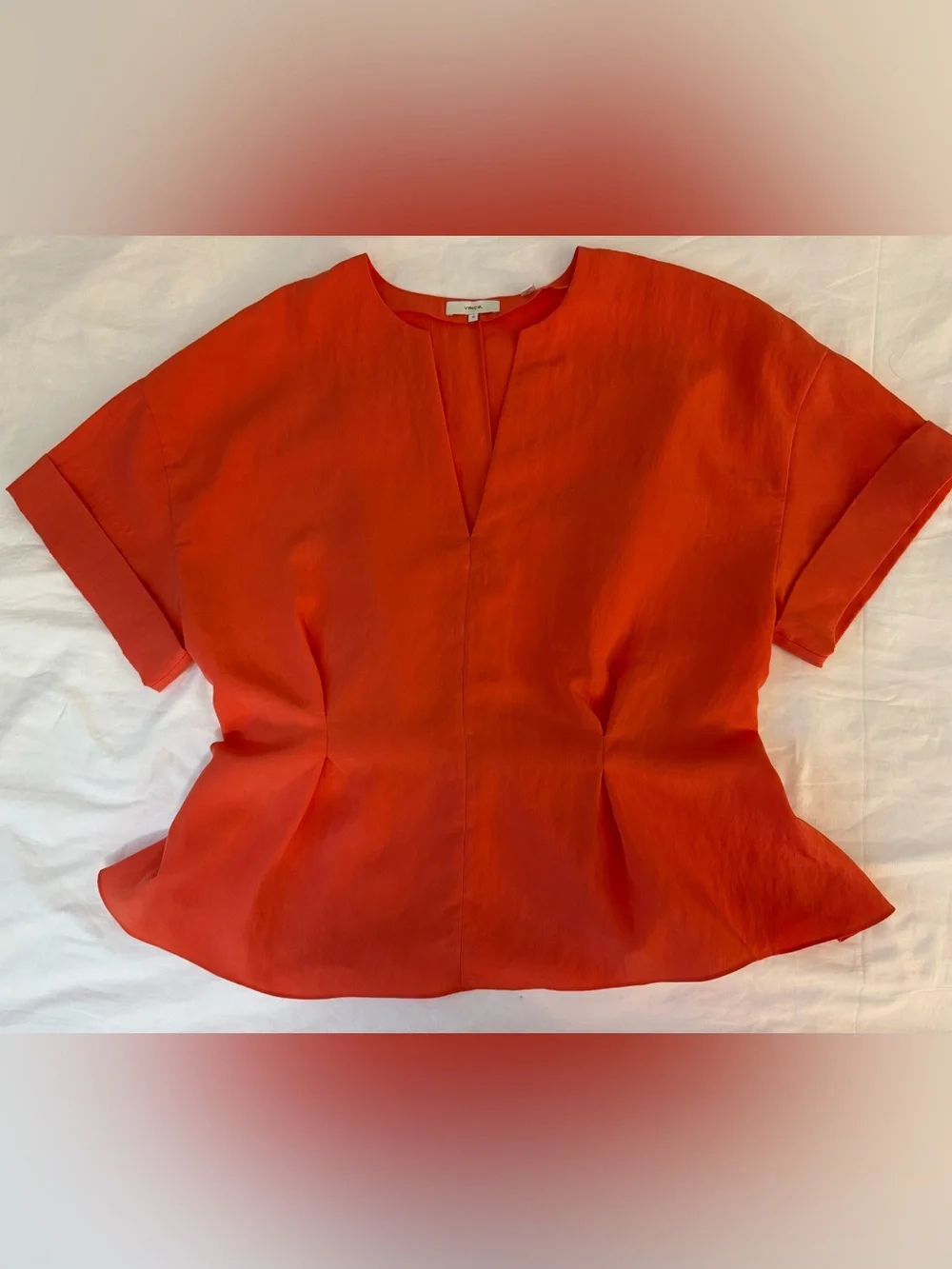 $295 Vince Women's Orange Cuffed Cotton V-Neck Blouse Top Size XL